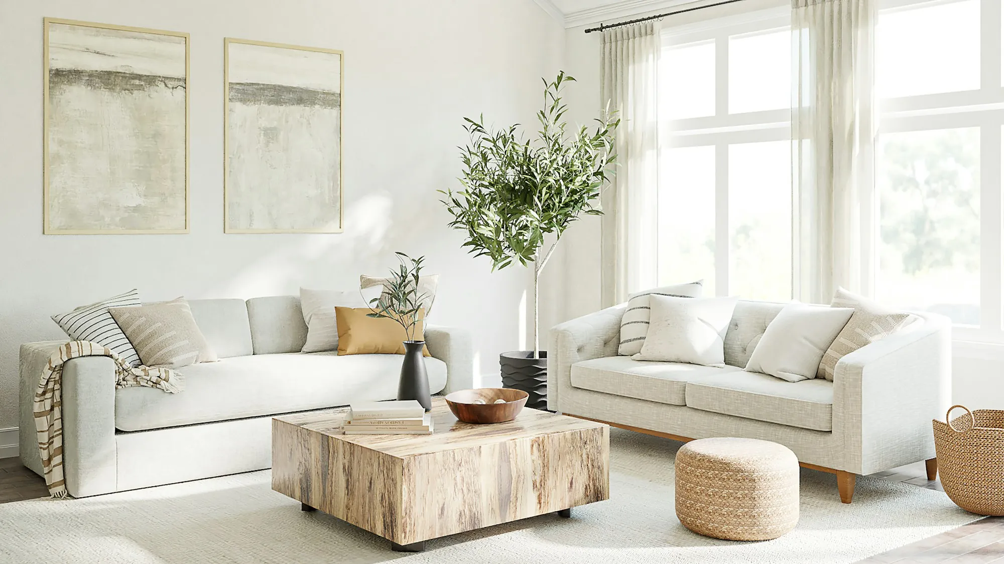Bright living room with two light sofas and a wood block coffee table